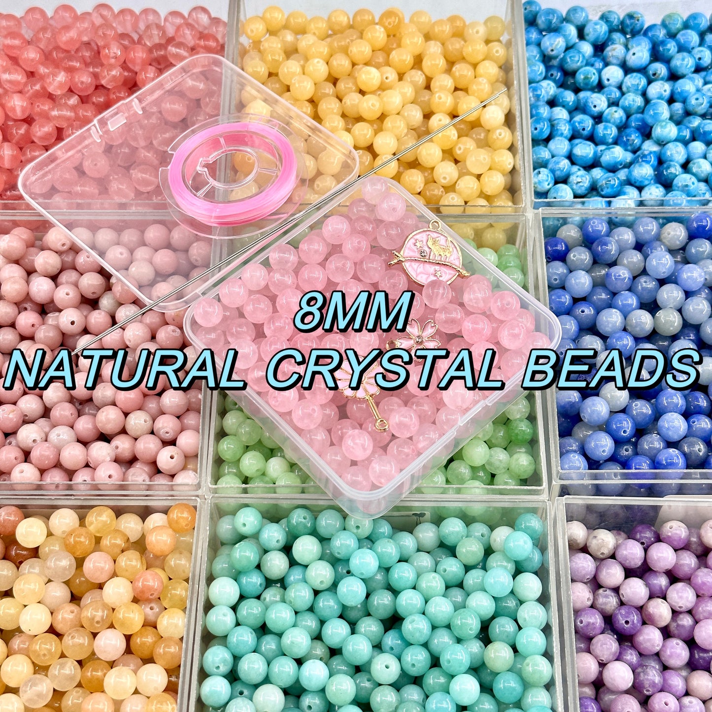 KEVI-DIY 8mm（±0.5mm)  Natural Crystal Bead Set | 180 Beads + Free Elastic  Strings & Charming Spacers | Make 8 Bracelets